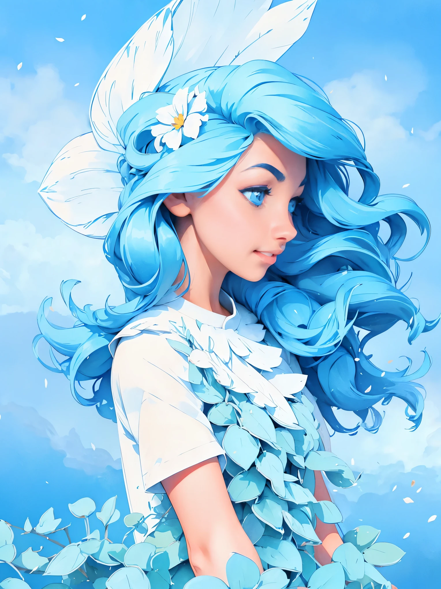 (absurdres, highres, ultra detailed, UHD, cinematic), solo, 1girl, mature, happy, girl standing in light blue flower field, light blue flower petal surrounding girl, full body, blue long hair girl, light blue hair, fantasy, dreamy, snowy, official art, pop art, profile, ultra detailed face, ultra detailed eyes, light blue flower field, ultra detailed field, white blue sky, cold, light blue, white, nebula in the sky, blue tree, watercolor, pastel color