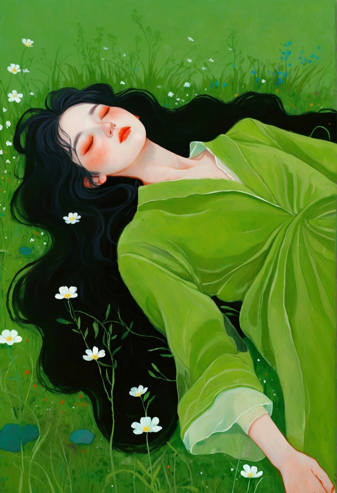 Painting of a woman lying on the grass, an Ultra-fine details inspired by Ren Hang, tumblr, Concept Art, In an empty green field, Gently stroke the earth, Green flowing hair, Grassy, hiding in grass, On a meadow, In the grass, Ultra-fine details, Ren Hang Style, Body covered with moss