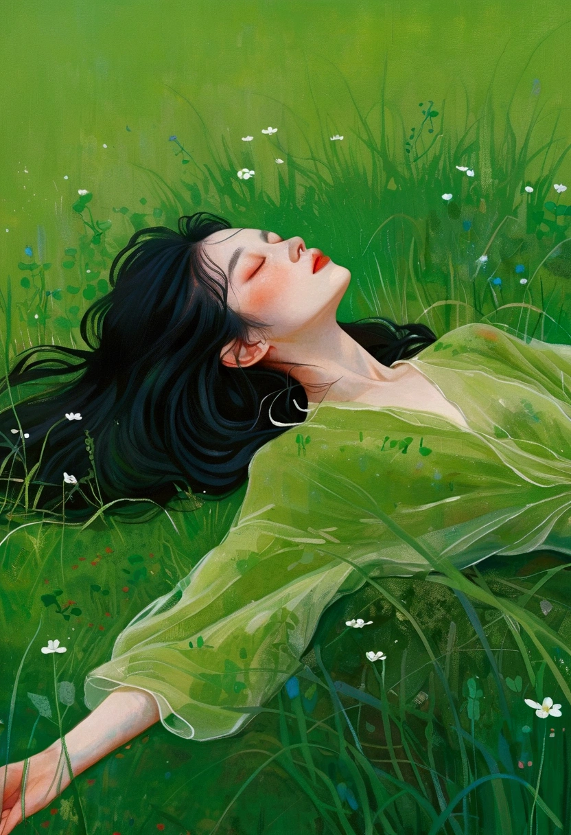 Painting of a woman lying on the grass, an Ultra-fine details inspired by Ren Hang, tumblr, Concept Art, In an empty green field, Gently stroke the earth, Green flowing hair, Grassy, hiding in grass, On a meadow, In the grass, Ultra-fine details, Ren Hang Style, Body covered with moss