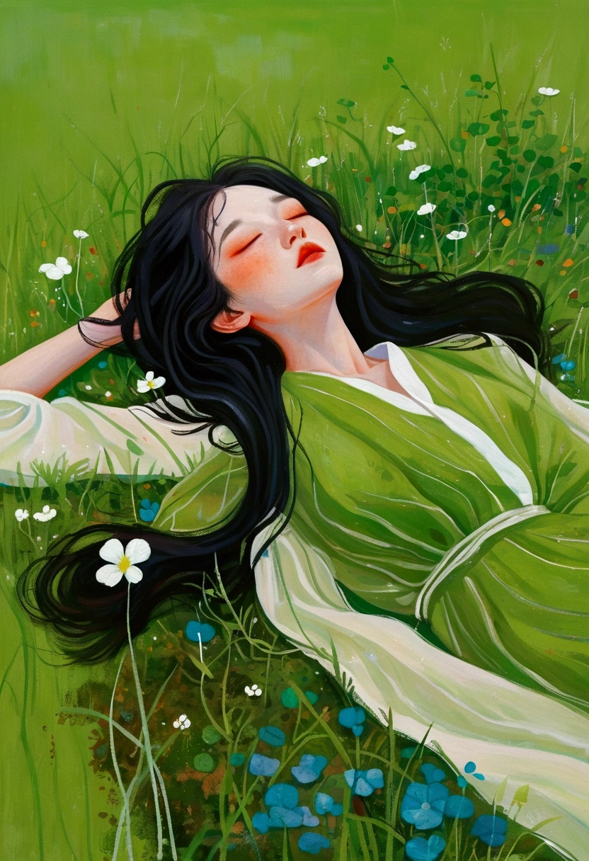 Painting of a woman lying on the grass, an Ultra-fine details inspired by Ren Hang, tumblr, Concept Art, In an empty green field, Gently stroke the earth, Green flowing hair, Grassy, hiding in grass, On a meadow, In the grass, Ultra-fine details, Ren Hang Style, Body covered with moss