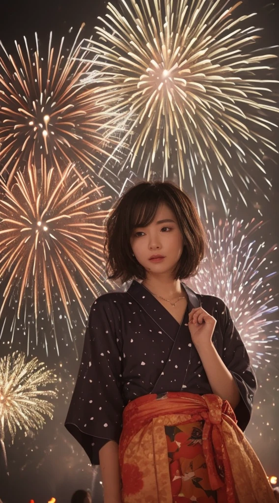 ((Photorealistic:1.5, tabletop:1.5, 8K, RAW shooting)), (Highest quality, masterpiece, ultra-high resolution), Mysterious portrait, Perfect dynamic composition, Professional camerawork, Extremely detailed skin and face texture:1.3, Growth light effect, Ultra-detailed, One girl, (At a festival venue, Full moon night:1.3, Fireworks filling the screen:1.3), (Colorful yukata), Model figure, Beautiful and clear face, (Eyes conveying beautiful eros:0.9, Enchanted expression:1.0, "I love you from the bottom of my heart":0.8, Slightly open mouth, Lips conveying beautiful eros:0.7), (Dark brown short hair, Hair blowing in the wind), Medium chest, Necklace, (Tilting, Rising), ((Attraction))