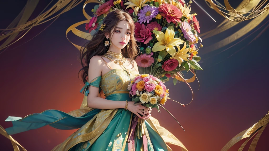 32K, 最高quality, 最高masterpiece, (ultra-Detailed Background, Detailed Background), High resolution, Super detailed, Very detailedな, One girl, (bouquet:1.3), (Tangled:1.2), (Geometric:1.2),(colorful),(masterpiece, quality, best quality, Official Art, Beautiful and beautiful:1.2), (1 girl:1.3), Very detailed,(colorful:1.1)(Flowers:1.3),Most detailed,(Tangled:1.2), whole body, (Abstract background:1.3), (Skin glows), (Many colors:1.4), ,(Earrings Jewelry:1.5), Pale Red Background,