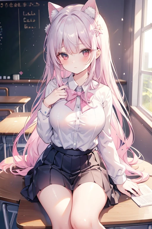 Ultra high quality，tmasterpiece，delicated，（（（2girlediuml breasts，（Leaky thighs）Silvery hair，A pink-haired，Teacher clothing，Student clothing，Classroom scene