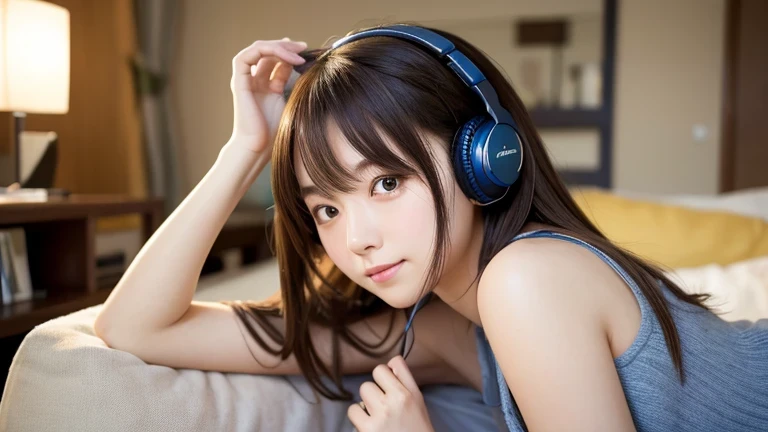 Produce the highest quality and highest resolution 8K images。Please draw the upper body of a 20 year old Japanese woman.。Please draw an image of you relaxing at home listening to music with headphones.。She has brown eyes and a model-like figure、She has an idol-level cute face.。The hair is wavy。Clothes、I'm wearing short-sleeved loungewear。The skin is、It is a natural skin color。she、Looking at you with a smile。