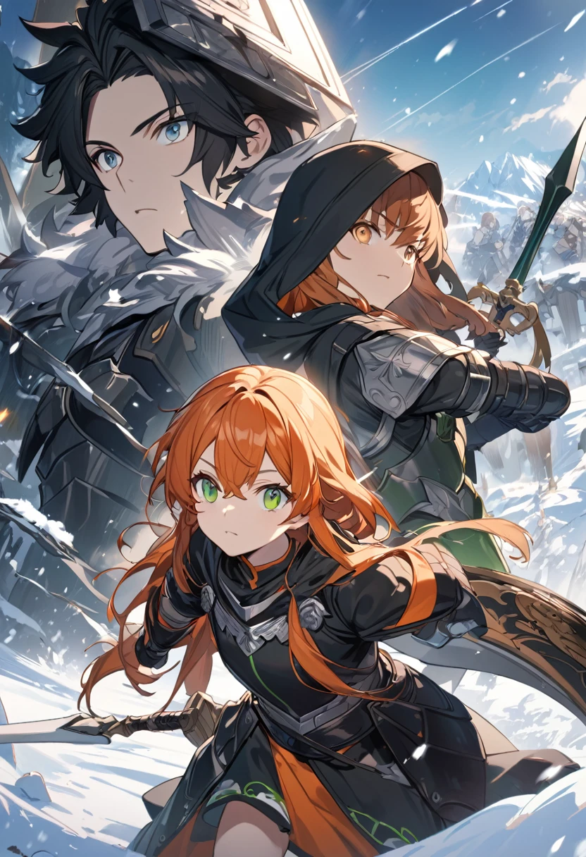 1 black haired anime boy with beautiful white eyes wearing a black hood and black armor wielding a pitch black sword in the snow accompanied by 1 beautiful orange haired anime girl with emerald green eyes in Nordic armor wielding a spear in one hand and a shield in her other hand, 4k. hd, anime, book cover, detailed, only 2 people