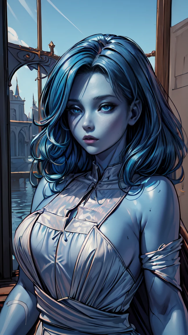 (masterpiece, 8 K, 4K, extremely detailed, dynamic shading, Best quality, absurdity:1.4) 1 girl,  InksRanny, Wavy hair, cracked skin, colored leather, blue skin, additional persons, extra hands, White dress, It has, cloak