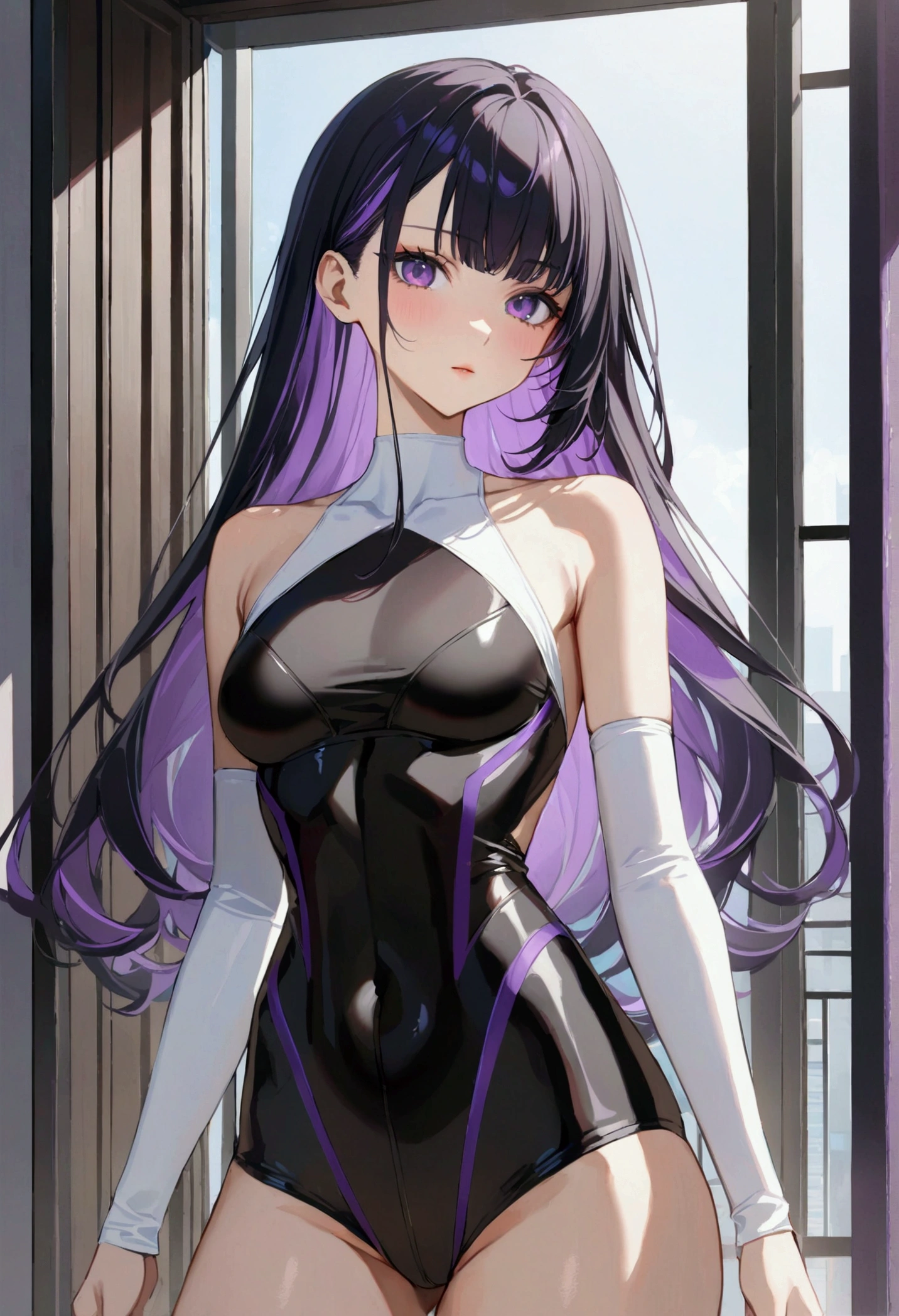 A girl with long black hair with purple peekaboo highlights, purple eyes, fair skin tone, slender and athletic built, modern clothes, detailed hair, detailed body, best quality, aesthetic, 8k