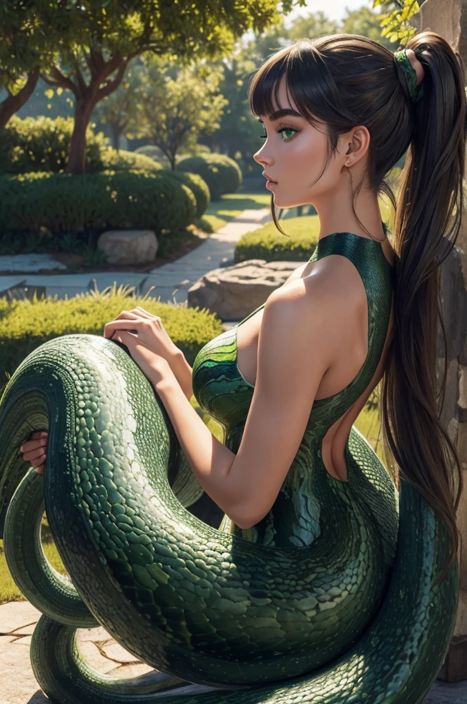 Megan Williams, ultra detailed face, ultra detailed green eyes, hair bangs ponytail, (side view), (((lamia, masterpiece)))