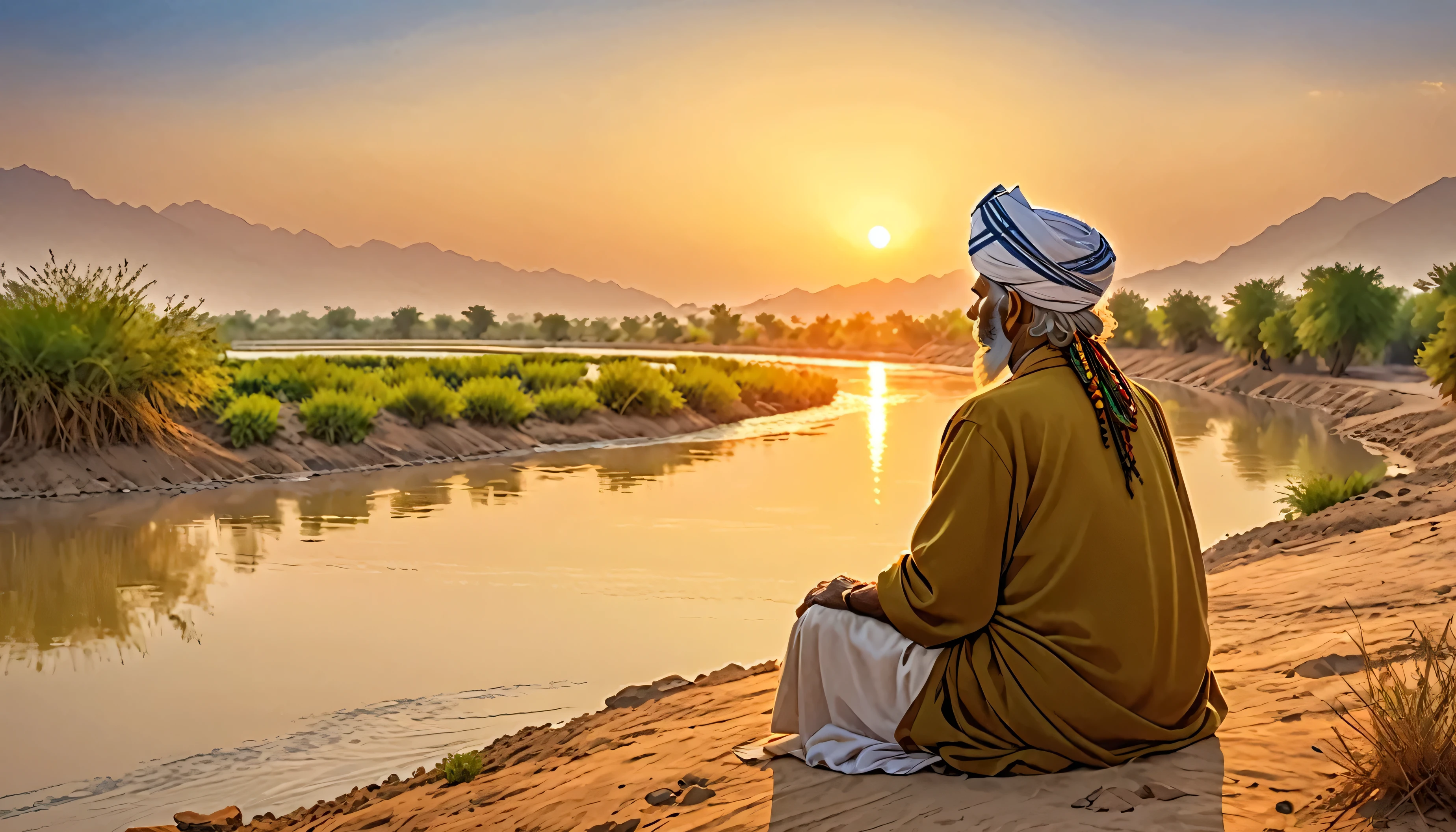 Shield of David,Indian,turbaned,back view of old man,Sitting on the banks of the Indus,The clothes he wears are partly Rastafarian.,sunset,dim,The figures are small