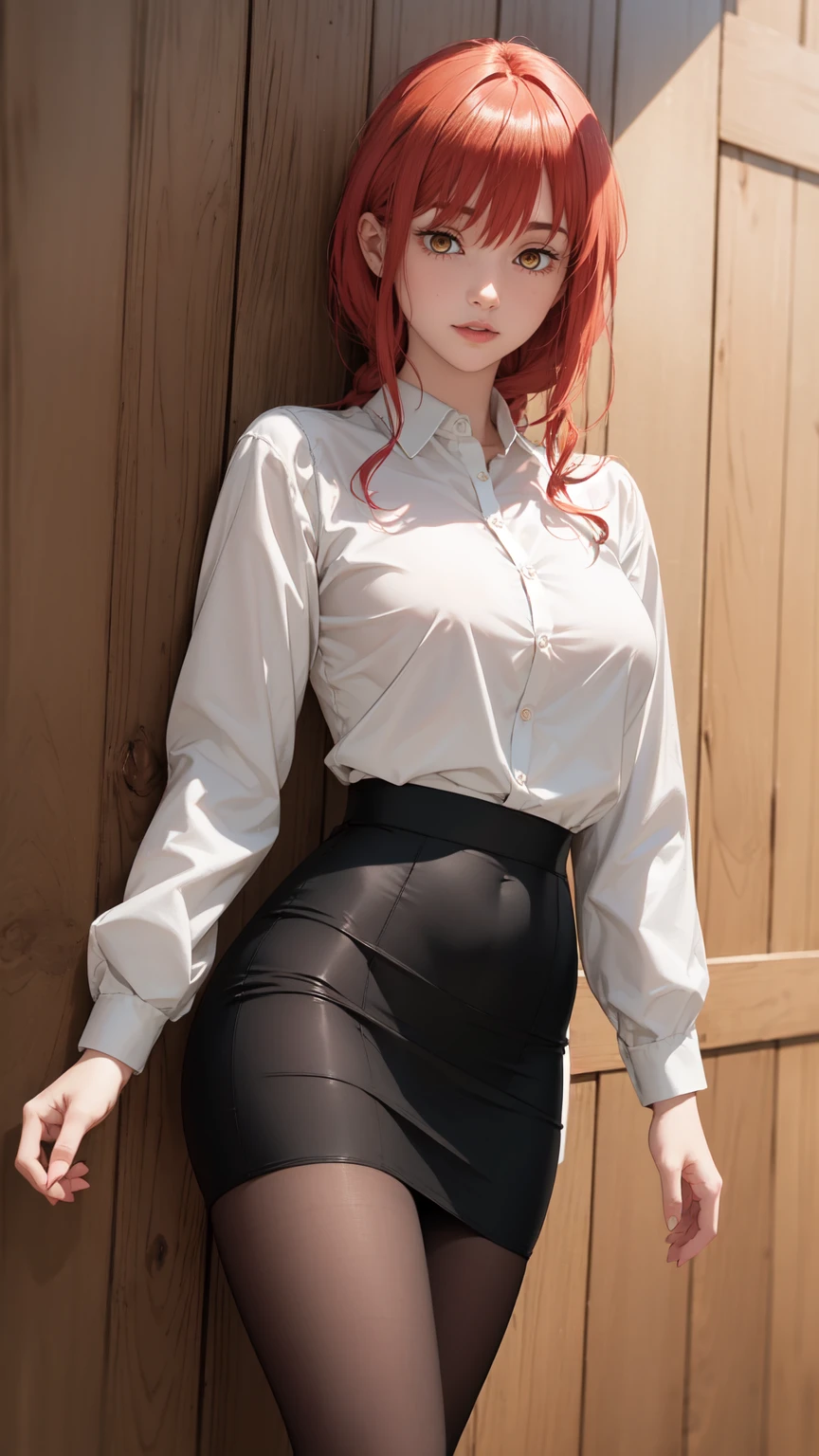 ((masterpiece, Best Quality, high resolution, Perfect Pixel, 8K)), 1 girl、sensual thighs、 (Red gorgeous hair)、Beautiful eyelashes、Detailed face、Smooth texture, Realistic texture, Photorealistic, Anime CG style、(Wearing White Shirt、pencil skirt、Indigo Pantyhose、standing、Sexy legs、Wooden Background) look at the viewer、medium breasts、High quality、ultra high definition、 detailed face、ultra high clarity、curvacious body、best image quality、ultra high resolution、seductive、dynamic lightning、((medium shot))、professional photograph