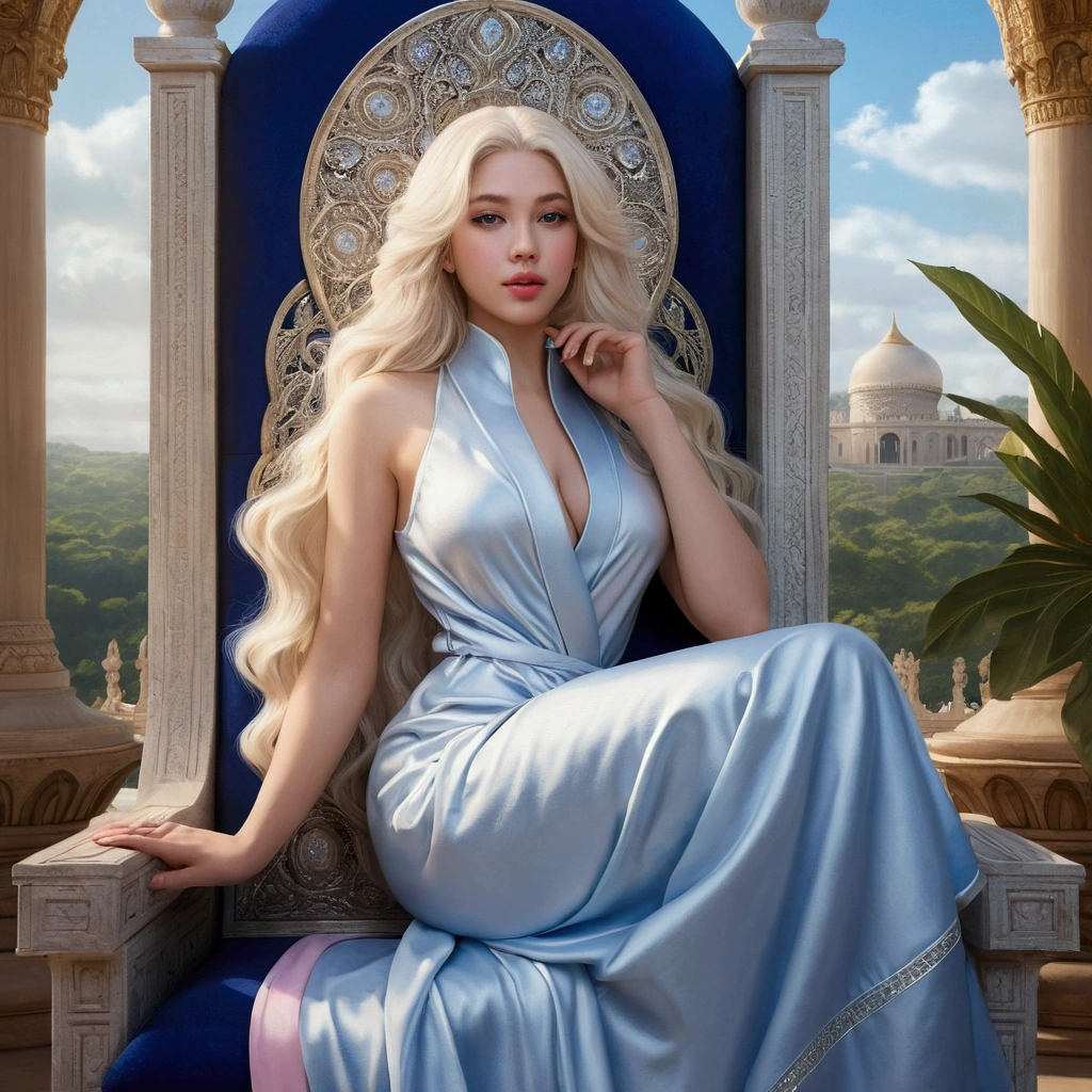 ((best quality)) ((artwork)) Appearance Details Species: Age: 20 Woman Hair: Platinum blonde, quite long and abundant Eyes: Blue Body: 5'5", light skin, lean and curvy Face: Young, beautiful, delicate features and full lips Features: Light pink lipstick Clothing: Simple white, sleeveless robe Pose: Sitting on Polaris' throne. Landscape: palace Art.