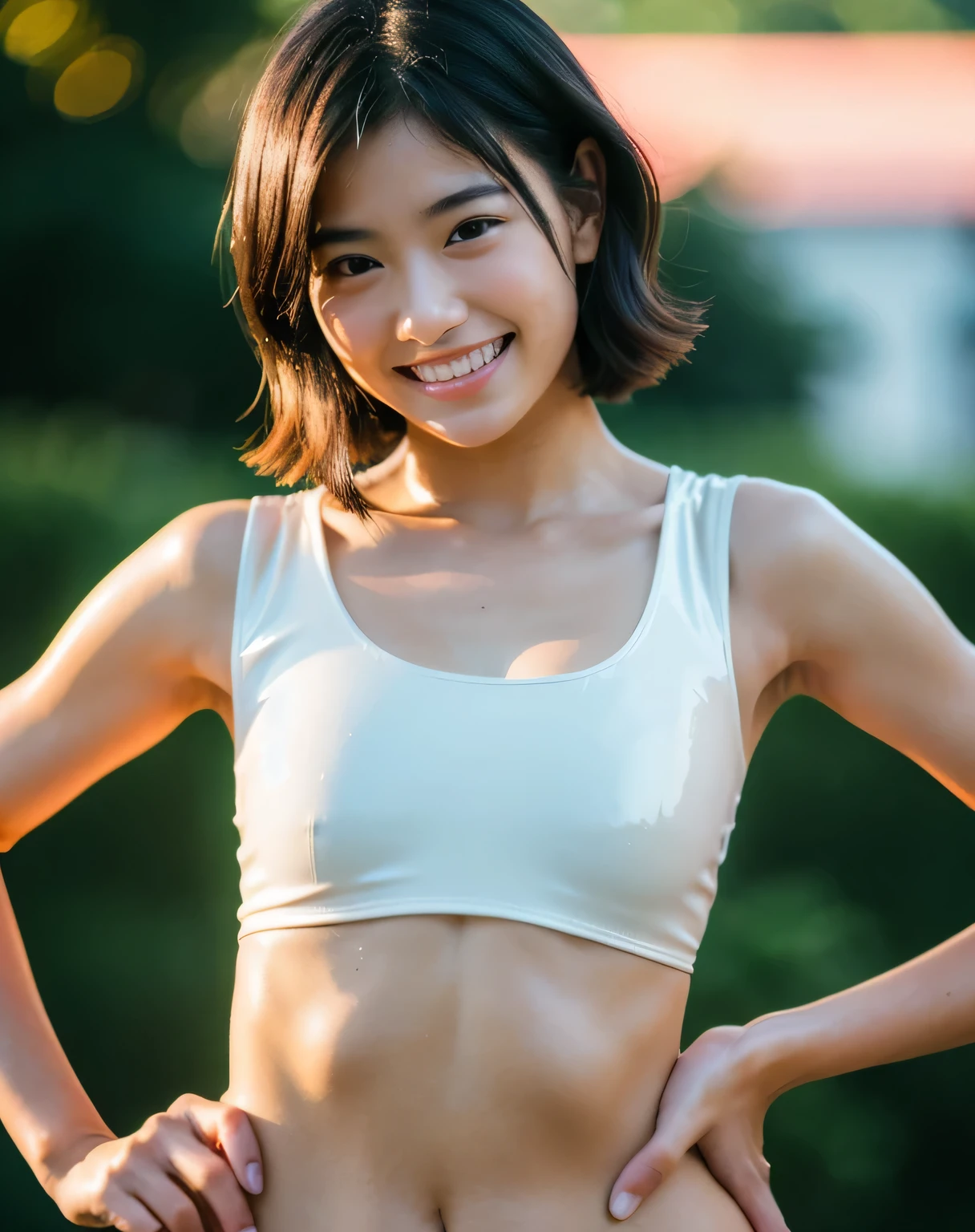 (Hyper Reality: 1.35), (Realistic: 1.4), A beautiful Japanese woman, smile, alone. light makeup, masterpiece, 最high quality, high quality, alone, Very good, Latin, puberty, Only one girl, ((Perfect body)),((最high quality)),((Hello)),((Very delicate and beautiful)),((Very shallow depth of field)), Hmph,((Incredibly shallow depth of field)). family friendly)), (((Very delicate and beautiful)), (((Very shallow depth of field))), Hmph, (((Unbelievably absurd))), (((Perfect body))), (((Black Hair )))) ))), (((Shortcuts))), (((Bob Hair))), ((( Camera Eye)))), (((small ))), (((A happy and wonderful smile))), poor, my + background, Dynamic Angle, Focus on women, {Particles of light}, Detailed background, Soft lighting, (dramatic) sunset), sunset, very beautiful sunset, Live Action, Realistic, cute smile, (blurred background), 13 years old,, ((wind)), ((Movement)), ((emotion)), ((colorful)), ((Baby Face)), ((Beautiful Teeth)), Wither, sea background, No makeup, impossible half top bikini , (((high neck))), (((Sleeveless))), side less tops, high neck , (white latex:1.4), (Fishnet), sleeveless turtleneck, full body, knees, (((underboob))), sideboob, (((lowrise bikini pants))), (((low rise bikini pants))), (((low-rise))), (((FUll body))),(((Low-waist bikini))), nsfw:1.4, BDSM:1.4,