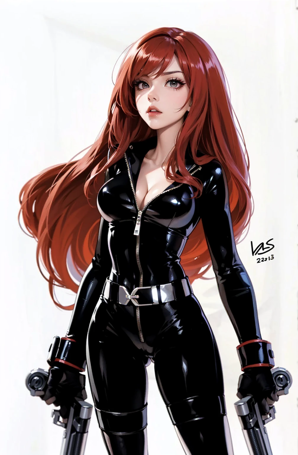 The image depicts a full-length depiction of the Marvel Comics character Black Widow. She has long, red hair and is wearing a sleek skin-tight shiny black latex bodysuit with a deep-cut zipper neckline revealing a large chest, the silver zipper running down the front. The suit is complemented by her silver wrist guard on both wrists and a belt made of silver around her waist. She is also holding two guns, one in each hand. 