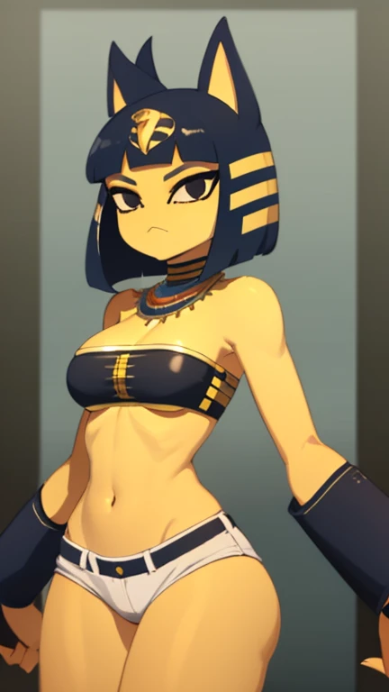 Ankha has large breasts and she is wearing her paper crop top and she is small