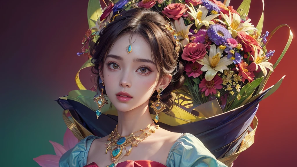 32K, 最高quality, 最高masterpiece, (ultra-Detailed Background, Detailed Background), High resolution, Super detailed, Very detailedな, One girl, (bouquet:1.3), (Tangled:1.2), (Geometric:1.2),(colorful),(masterpiece, quality, best quality, Official Art, Beautiful and beautiful:1.2), (1 girl:1.3), Very detailed,(colorful:1.1)(Flowers:1.3),Most detailed,(Tangled:1.2), whole body, (Abstract background:1.3), (Skin glows), (Many colors:1.4), ,(Earrings Jewelry:1.5), Pale Red Background,