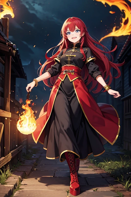 Anime Art、Full body portrait、Fantasy World Fire Wizard、In town、A woman around 160cm tall, around 27 years old, wearing a crimson gothic dress, walking surrounded by flames.、Black tights、Red hair medium、Wicked Smile、Creepy Smile、unpleasant laughter、Laughing with mouth open、Fished out eyes、Eyes wide open、Small eyes、Blue Eyes、Platform boots、Gold Bracelet