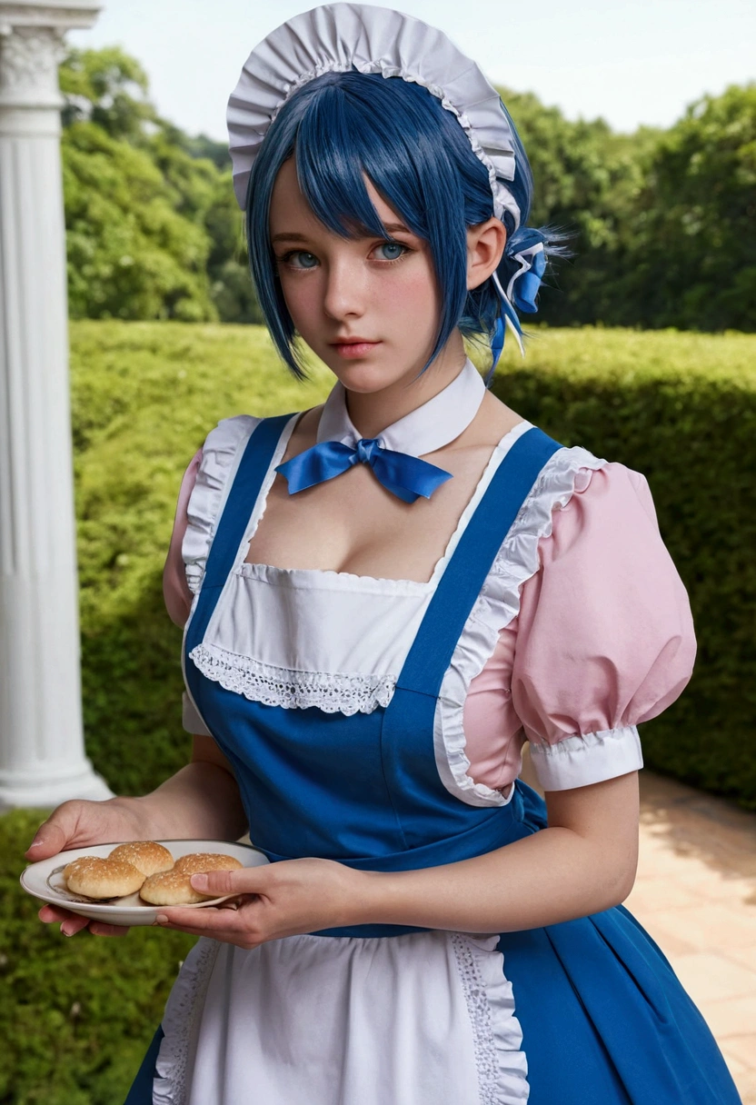 One girl, alone, chest, View your viewers, blush, short hair, blue eyes, hair ornaments, dress, ribbon, medium chest, Blue Hair, hair ribbon, Outdoor, Removable sleeves, null, Day, Hair on one eye, apron, blue null, Maid, Maid headdress, x hair ornaments, pink ribbon, roswaal mansion Maid uniform、Realistic