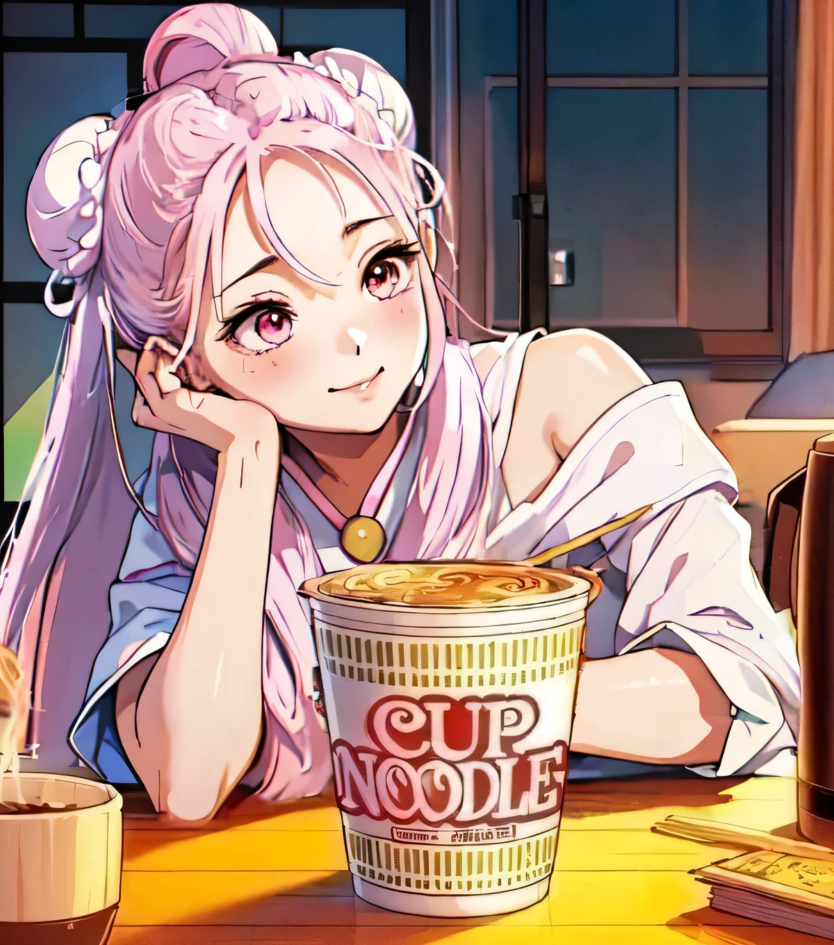 1 sitting woman, (leaning On the table with elbow:1.2) (Staring at Cup Noodles), (Stylish clothing) knit, Mature Woman, (Hair Ribbon:0.4), Pink Eyes,(((White bun hair))),(((Pink long hair))), (A light smile),Small breasts, blush, (Masterpiece Top quality:1.2) Delicate illustrations, super detailed, Medium Breast Break (Unopened instant noodle container:1.2) On the table, Kettle Break (Typical apartment) indoor, Detailed Background,Kunimi Tama,