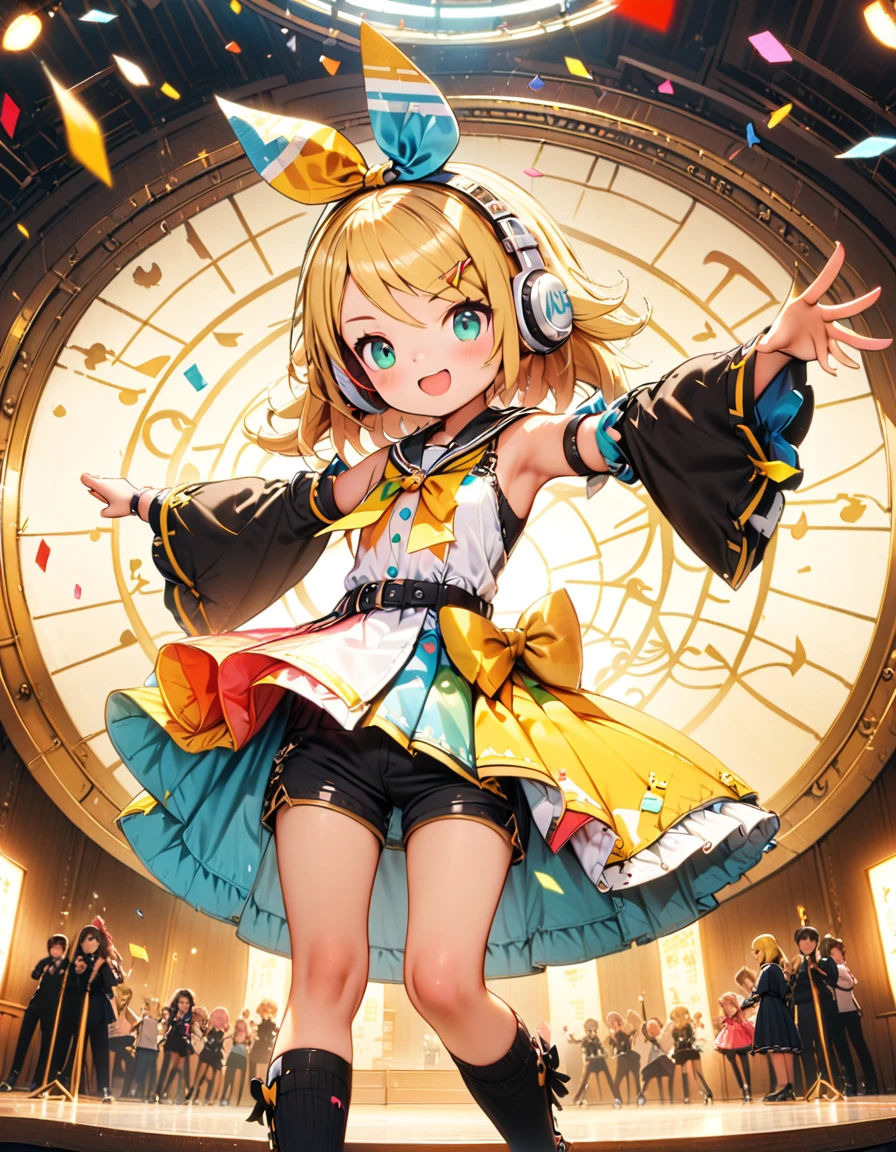 Kagamine Rin\(vocaloid\),standing alone,1womanl\(cute,kawaii,10-year-old,Kagamine Rin\(vocaloid\),light yellow hair, shorth hair,red numbers tattoo"02" on the shoulder,(large white bow),white sleeveless shirt,Sino sleeves featured pretas,(arm sleeves are black bell sleeves:1.2),waist belt,sailor collar,wide yellow tie,white headphones,Black shorts,black leg warmers to the knee,yellow key strap at waist belt,open shoulder,singing and dancing,(very cute pose),(korean idol pose),dynamic pose,(cute big smile),(whole body),looking away\), break ,fund\((Live Stage),colorful confetti,pastel color spotlights,(many colorful musical notes),(Many Audiences),\), break ,品質\(8k,extremely detailed CG unit wallpaper, Masterpiece artwork,high resolution,top-品質,top-品質 real texture skin,hyperrealisti,Increase the resolution,RAW Photos,melhor 品質,highy detailed,The wallpaper,cinematic lighting,ray tracing,golden ratio\),RIN is so so cute,dynamic angle,Long shot,wide plan,(aerial view:0.3),[chibi],(Anatomically correct hand),5 fingers