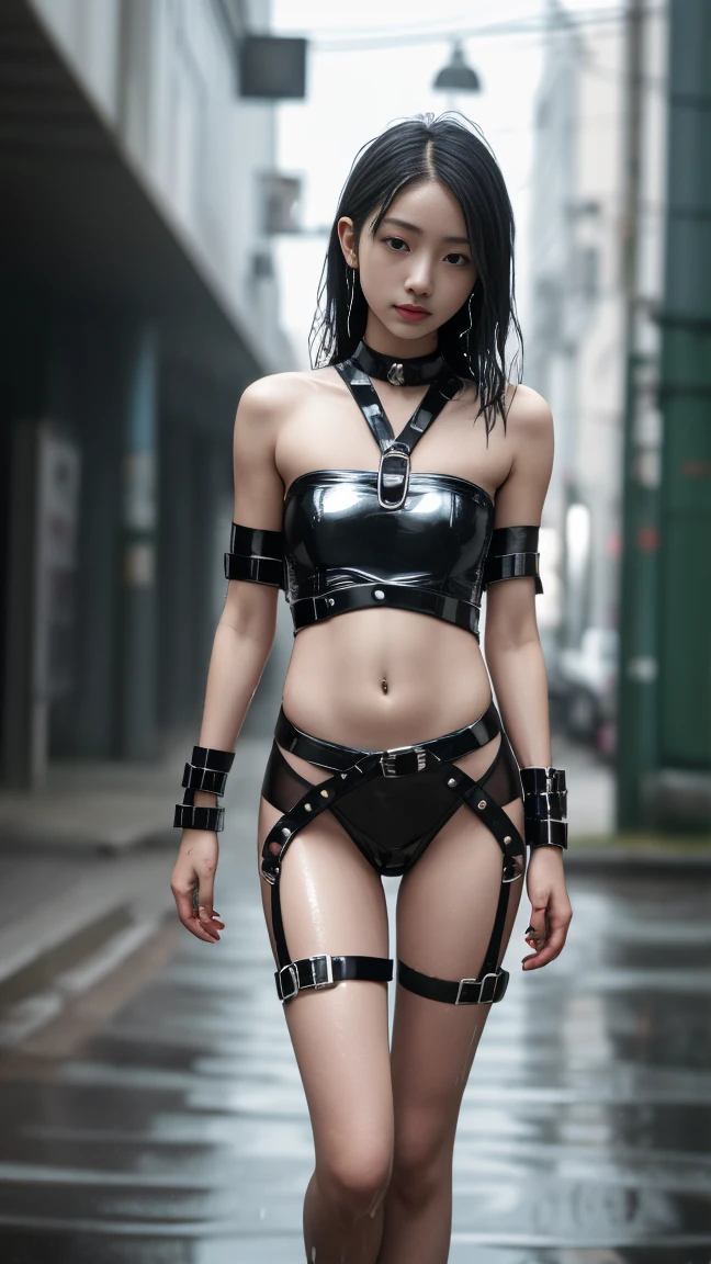 (young skinny gothic punk girl, slender girl, ((top quality, 8k, masterpiece: 1.3)), crisp focus: 1.2, (beautiful skinny  girl: 1.4), (narrow abdomen: 1.2), (big head), (narrow waist: 1.4), (thigh gap: 1.6), (abs:1.2), (small hip: 1.6):1.2), ((layer cut: 1.2)), highly detailed face and skin texture, detailed eyes, ponytail hairstyle, (BDSM, slave, black tight shiny latex harness, belts, buckles, wet skin, (navel:1.2):1.4), (full length)