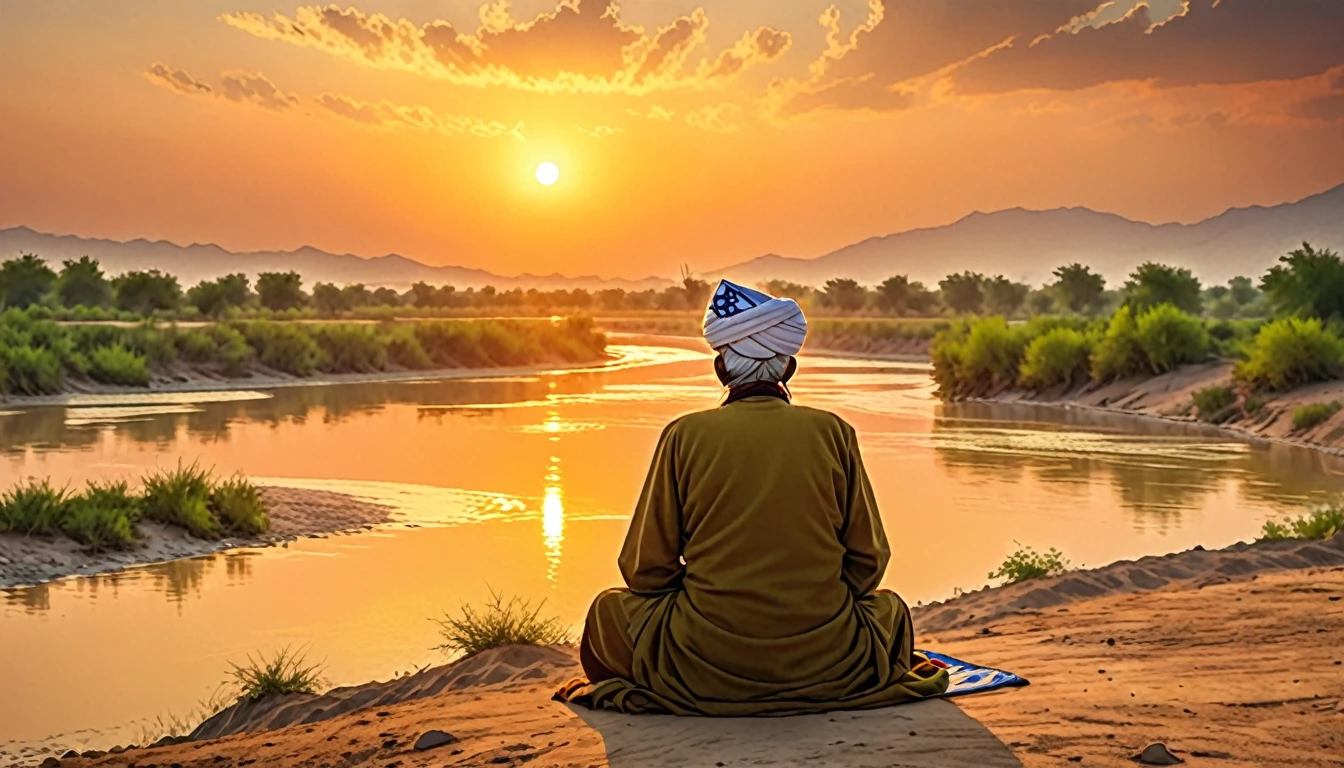 Shield of David,Indian,turbaned,back view of old man,Sitting on the banks of the Indus,He is dressed in Rastafarian style..sunset,dim