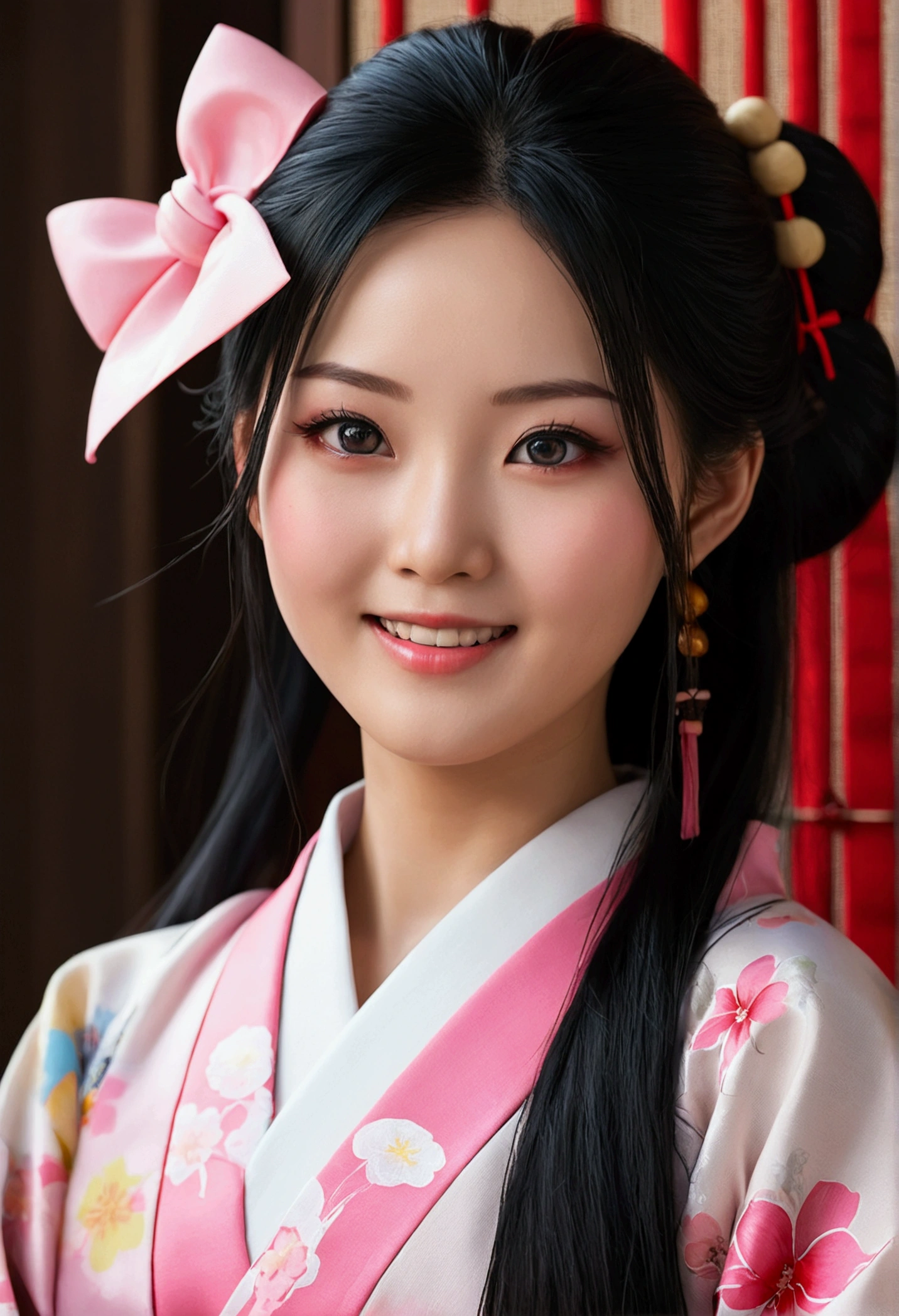 main part, (realistic:1.5), realistic eyes, asian woman, best quality, beautiful light, professional lighting, Photon mapping, radio side, Physical rendering,, Kamado Nezuko, 1 girl, black hair, head, out de cabelo, Japanese clothes, kimono, long hair, colorful hair, open mouth, pink eyes, kimono rosa, pink bow, out, smile, long hairมาก, heaven, ((age)),, (raw photos, 8k uh, Film pellets)
