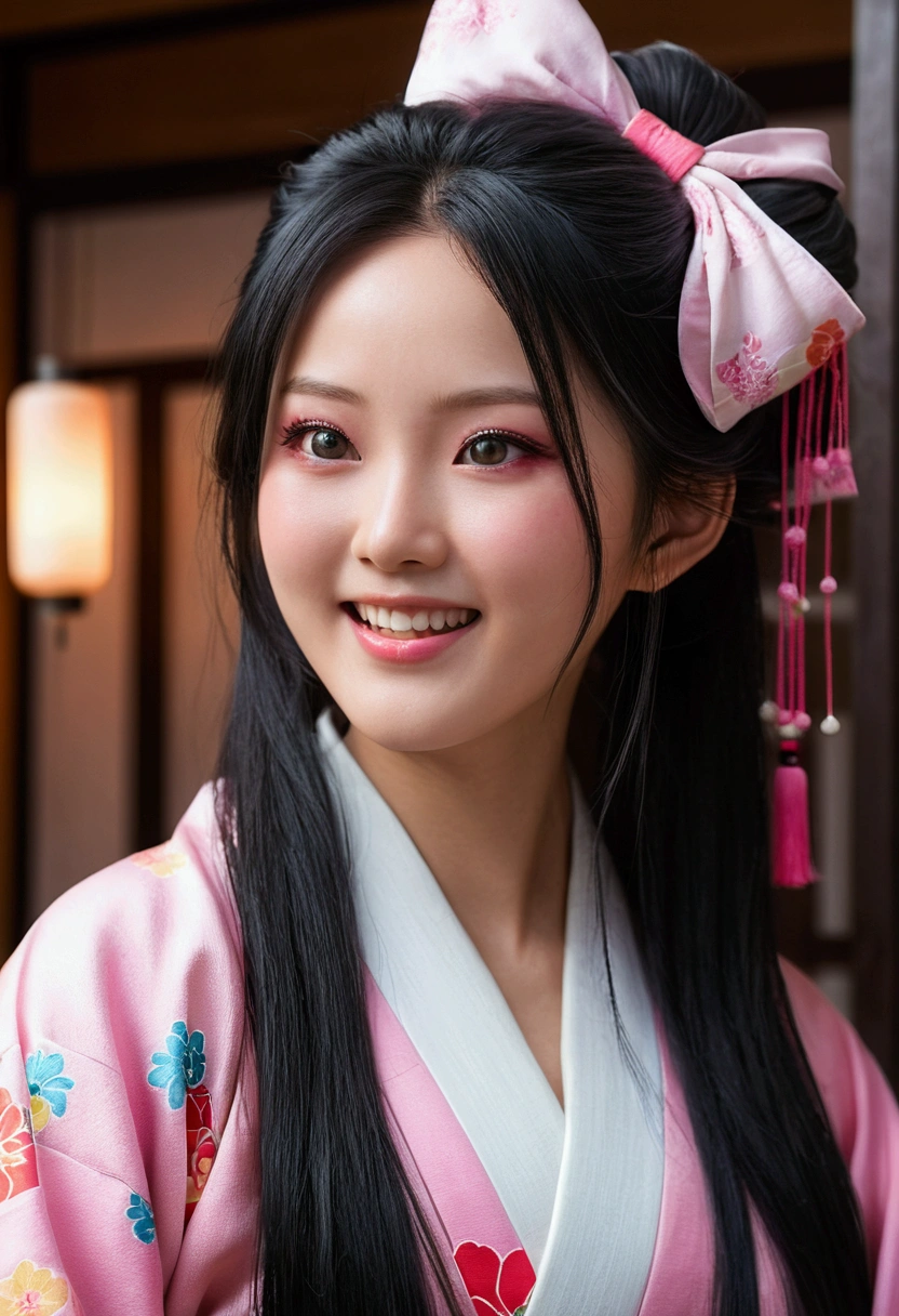 main part, (realistic:1.5), realistic eyes, asian woman, best quality, beautiful light, professional lighting, Photon mapping, radio side, Physical rendering,, Kamado Nezuko, 1 girl, black hair, head, out de cabelo, Japanese clothes, kimono, long hair, colorful hair, open mouth, pink eyes, kimono rosa, pink bow, out, smile, long hairมาก, heaven, ((age)),, (raw photos, 8k uh, Film pellets)