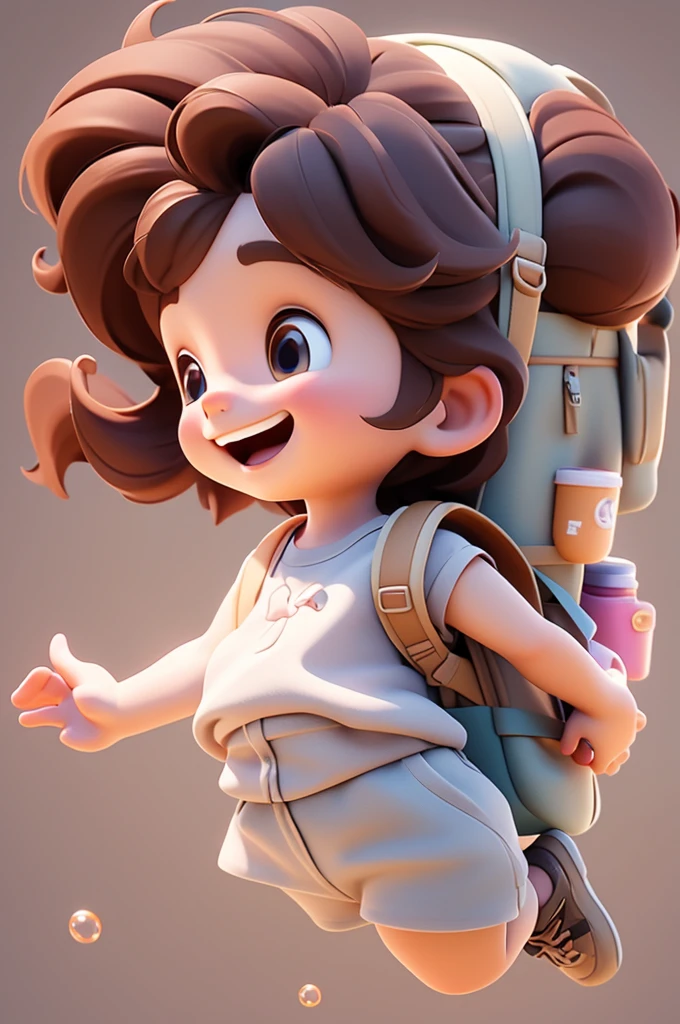 A young girl jumps with joy, .Brown hair, Wearing short sleeves, Carrying a backpack,Blank Background ,Detailed description，Bubble Matte Style, Clay material, Hue, Strong depth, 3d, C4D,, Simple background, Blender, high quality, high resolution, 32K, 9:16 -- 180 -- Less than 6