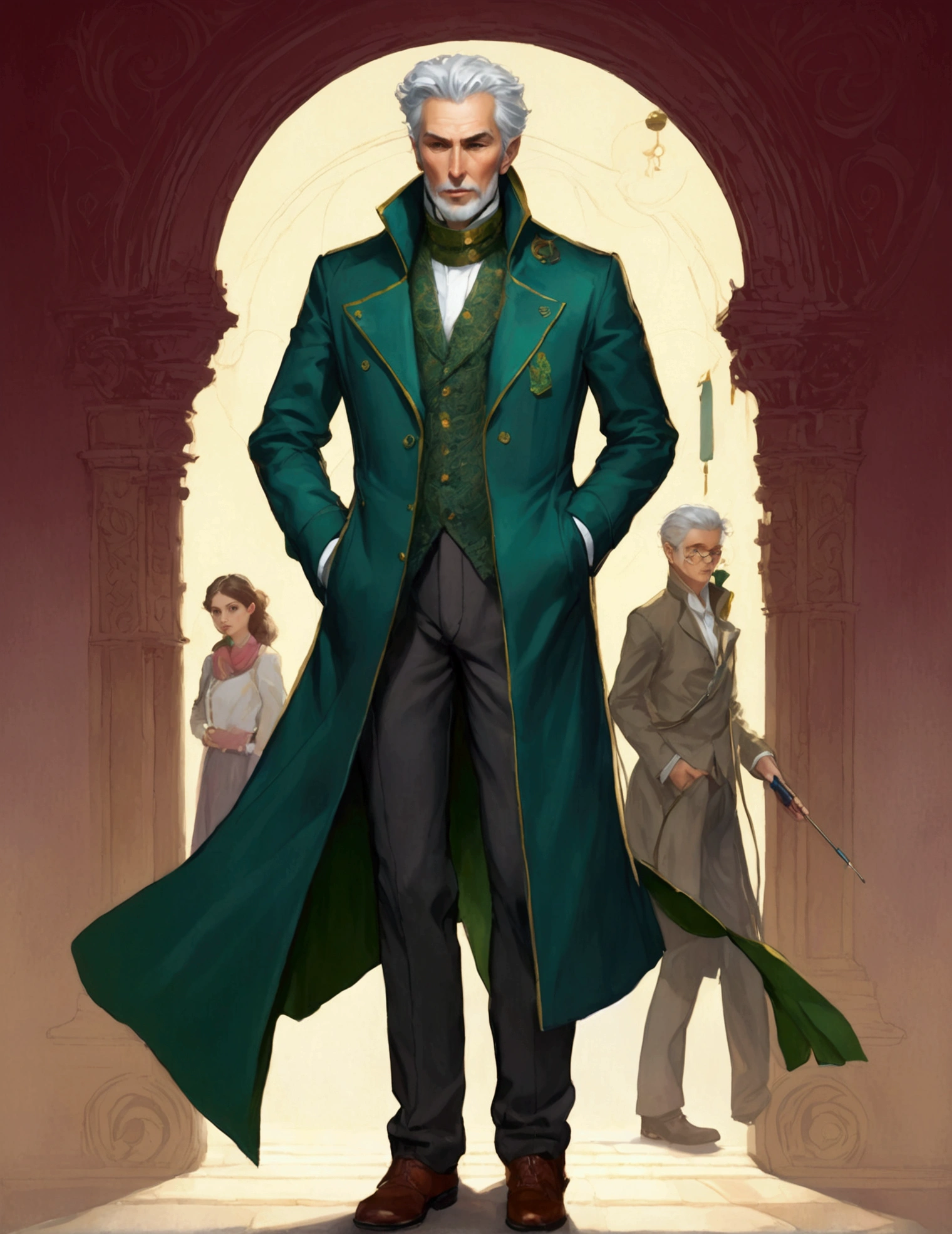 The figure stands tall and imposing, with a lean build suggesting both agility and age. Their face is angular, with piercing eyes that convey wisdom beyond human years. They have tousled gray hair that seems to defy gravity, giving them an eccentric air. The figure wears an outfit that's a mix of Victorian and futuristic elements: 1. A long, high-collared coat in a deep burgundy color, with subtle swirling patterns embroidered in gold thread. 2. Underneath, a waistcoat in a contrasting emerald green, adorned with brass buttons and a pocket watch chain. 3. A crisp white shirt with a ruffled collar peeking out at the neck. 4. Dark trousers tucked into tall, well-worn leather boots. 5. Around their neck, an unusually long scarf in various shades of blue, its ends trailing dramatically behind them. 6. In one hand, they hold a strange device - part wand, part screwdriver, emitting a soft green glow. Their posture is defiant, chin raised slightly, conveying a sense of authority and determination in the face of danger. Despite the chaos around them, there's a hint of a smile playing at the corners of their mouth, suggesting a love for adventure.

