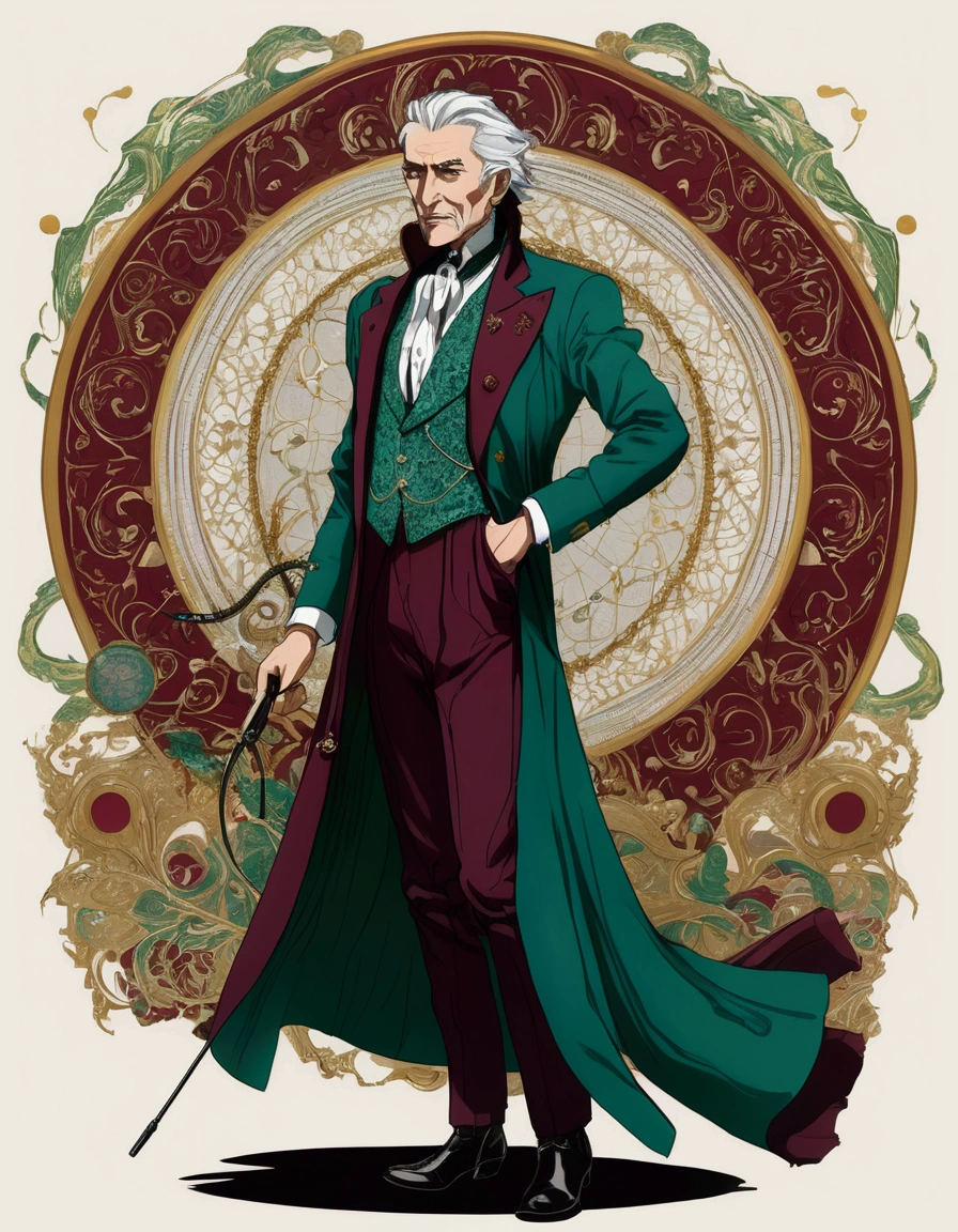 The figure stands tall and imposing, with a lean build suggesting both agility and age. Their face is angular, with piercing eyes that convey wisdom beyond human years. They have tousled gray hair that seems to defy gravity, giving them an eccentric air. The figure wears an outfit that's a mix of Victorian and futuristic elements: 1. A long, high-collared coat in a deep burgundy color, with subtle swirling patterns embroidered in gold thread. 2. Underneath, a waistcoat in a contrasting emerald green, adorned with brass buttons and a pocket watch chain. 3. A crisp white shirt with a ruffled collar peeking out at the neck. 4. Dark trousers tucked into tall, well-worn leather boots. 5. Around their neck, an unusually long scarf in various shades of blue, its ends trailing dramatically behind them. 6. In one hand, they hold a strange device - part wand, part screwdriver, emitting a soft green glow. Their posture is defiant, chin raised slightly, conveying a sense of authority and determination in the face of danger. Despite the chaos around them, there's a hint of a smile playing at the corners of their mouth, suggesting a love for adventure.
