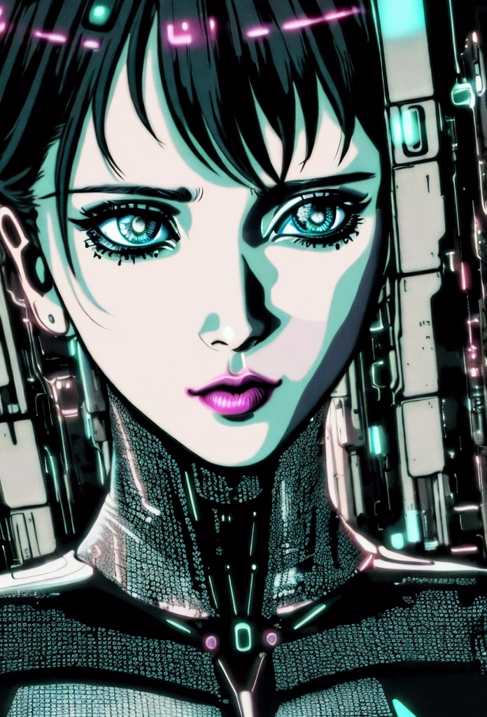 cyberpunk girl, beautiful detailed eyes, beautiful detailed lips, extremely detailed face, long eyelashes, futuristic cyberpunk outfit, neon lights, glowing cybernetic implants, hyper-realistic, intricate details, vibrant colors, cinematic lighting, 8k, detailed rendering, concept art style