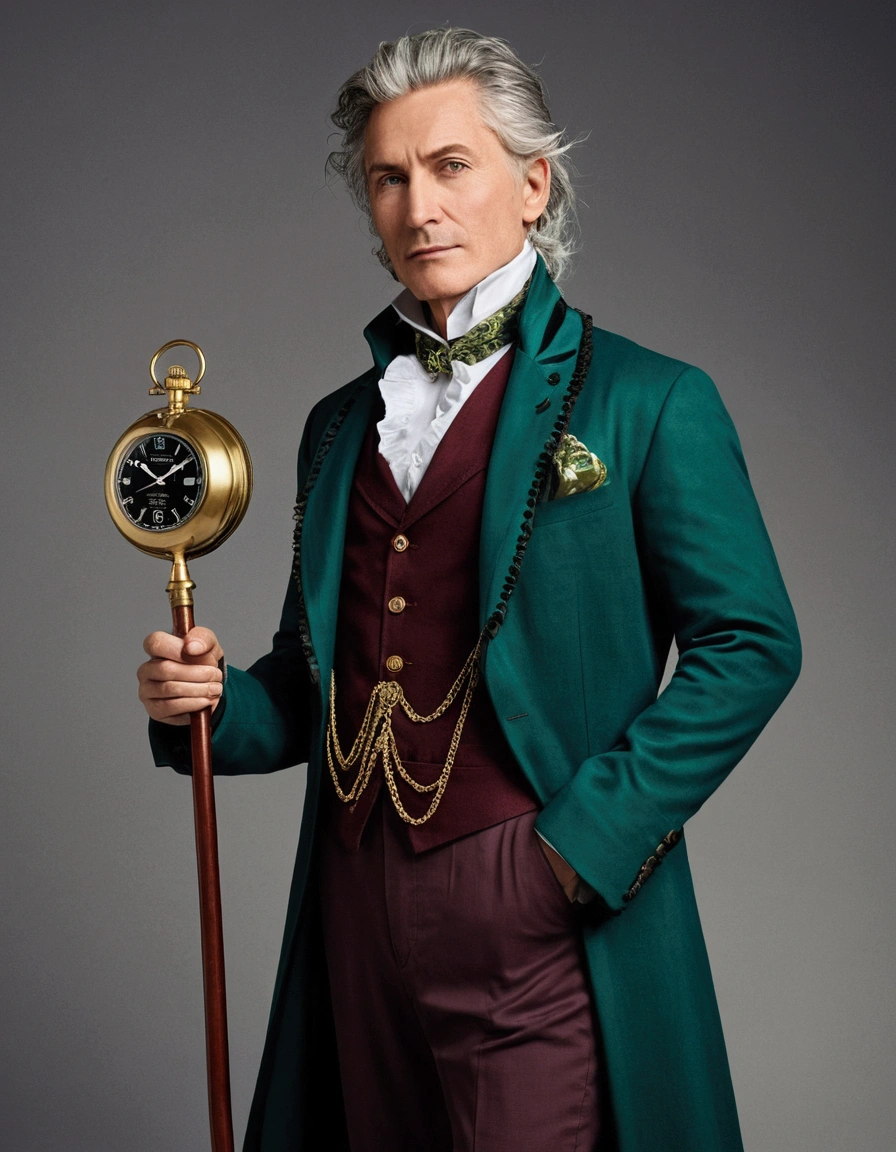 The figure stands tall and imposing, with a lean build suggesting both agility and age. Their face is angular, with piercing eyes that convey wisdom beyond human years. They have tousled gray hair that seems to defy gravity, giving them an eccentric air. The figure wears an outfit that's a mix of Victorian and futuristic elements: 1. A long, high-collared coat in a deep burgundy color, with subtle swirling patterns embroidered in gold thread. 2. Underneath, a waistcoat in a contrasting emerald green, adorned with brass buttons and a pocket watch chain. 3. A crisp white shirt with a ruffled collar peeking out at the neck. 4. Dark trousers tucked into tall, well-worn leather boots. 5. Around their neck, an unusually long scarf in various shades of blue, its ends trailing dramatically behind them. 6. In one hand, they hold a strange device - part wand, part screwdriver, emitting a soft green glow. Their posture is defiant, chin raised slightly, conveying a sense of authority and determination in the face of danger. Despite the chaos around them, there's a hint of a smile playing at the corners of their mouth, suggesting a love for adventure.