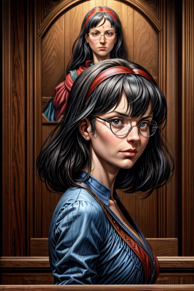 Arafed woman in a blue shirt and glasses standing straight with seriousness in front of a wooden wall, inspired by the style of Bernardino Mei. The portrait is reminiscent of the Renaissance era but with modern touches, as seen on Reddit. The photograph has a credit of AP and Lindsey Look, featuring the woman with blunt bangs falling on her forehead. The medium closeup captures her behind bars in a courtroom, with a serious and intense theme. Her black hair with bangs frames her face, and the artistic influence of Robin Eley adds a special touch to the image. The courtroom setting enhances the gravity of the scene.