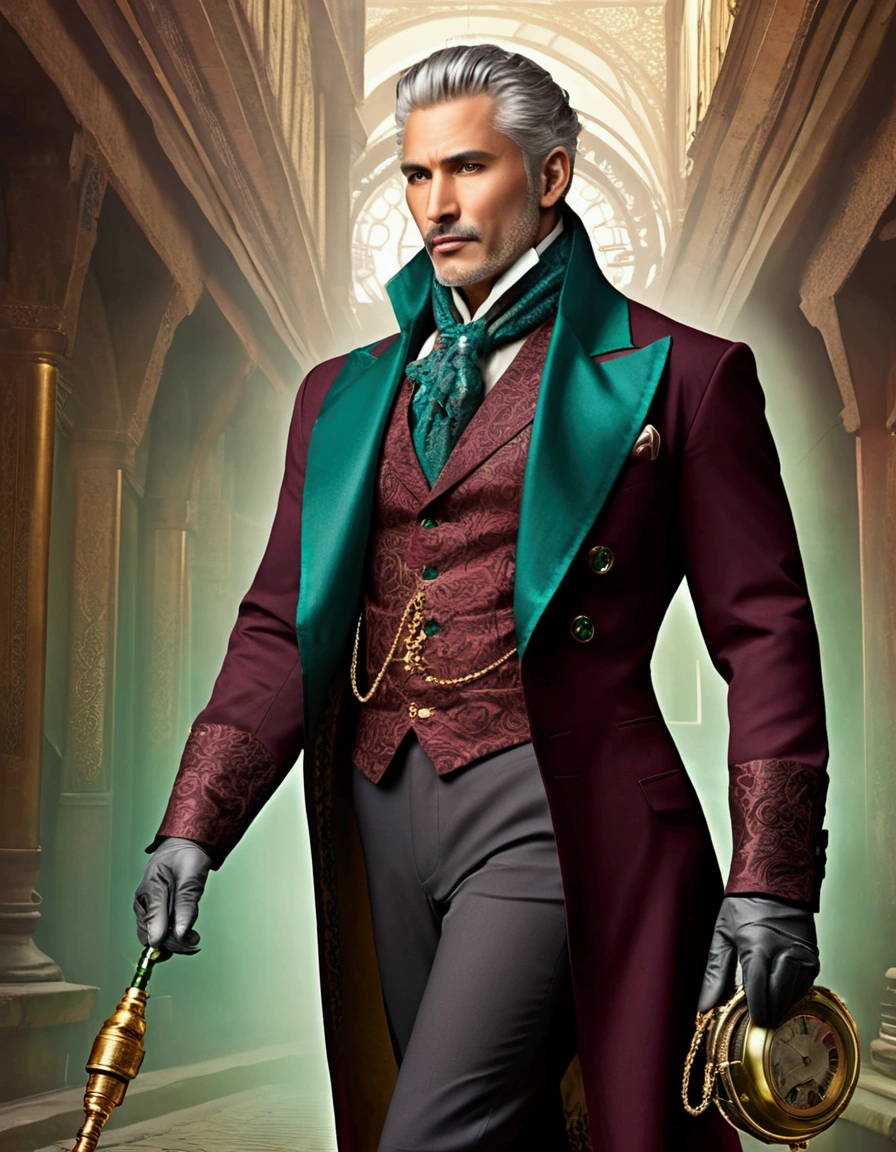 The figure stands tall and imposing, with a lean build suggesting both agility and age. Their face is angular, with piercing eyes that convey wisdom beyond human years. They have tousled gray hair that seems to defy gravity, giving them an eccentric air. The figure wears an outfit that's a mix of Victorian and futuristic elements: 1. A long, high-collared coat in a deep burgundy color, with subtle swirling patterns embroidered in gold thread. 2. Underneath, a waistcoat in a contrasting emerald green, adorned with brass buttons and a pocket watch chain. 3. A crisp white shirt with a ruffled collar peeking out at the neck. 4. Dark trousers tucked into tall, well-worn leather boots. 5. Around their neck, an unusually long scarf in various shades of blue, its ends trailing dramatically behind them. 6. In one hand, they hold a strange device - part wand, part screwdriver, emitting a soft green glow. Their posture is defiant, chin raised slightly, conveying a sense of authority and determination in the face of danger. Despite the chaos around them, there's a hint of a smile playing at the corners of their mouth, suggesting a love for adventure.