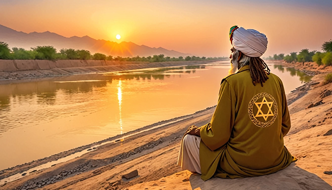 Shield of David,Indian,Turbans are Rastafarians,back view of old man,Sitting on the banks of the Indus,sunset,dim,The numbers are small