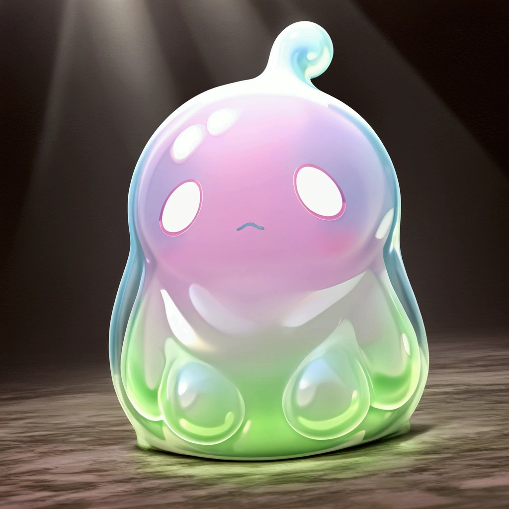 a cute slime creature, slime monster, slime character, gelatinous blob, vibrant colors, iridescent, shiny, slimy texture, gooey, translucent, whimsical, cartoon style, 3D render, dynamic pose, playful expression, adorable eyes, soft lighting, pastel colors, (best quality,4k,8k,highres,masterpiece:1.2),ultra-detailed,(realistic,photorealistic,photo-realistic:1.37)