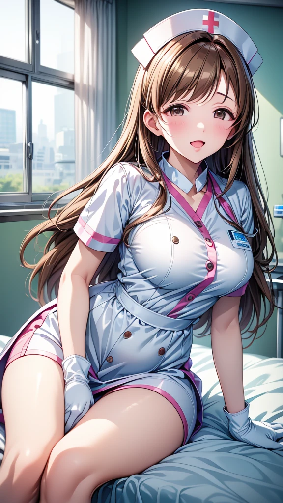 Highest quality、high resolution、High definition、HD、((hospital、Hospital room、Holding an extra-large enema syringe with both hands))、(Nitta Minami、Long Hair、Medium chest、Brown Hair、Brown eyes、Glossy lips、Glowing Skin、Realistic skin texture、(White nurse uniform、gloves))、Staring at me、Love me、blush、(Laughing with your mouth open)、(Very close to me)