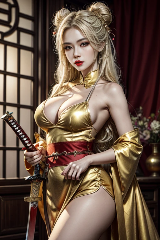 hourglass body shape, (cowboy_shot:1.4), Mature Female, tall, 5' 7" tall, ((very long platinum  blonde hair)), hair is straight and arranged into a bun, a chinese phoenix hairpin is attached to her hair, ((golden glowing eyes)), perfect skin, beautiful smile with full lips, shining lips with red lip gloss, big breast with perfect outline of their shape, anatomically correct, long eyelashes, heavy dark make up, smokey eyes, looking at camera, 8k, Masterpiece, (UHD:1.2), front view, sexy, BREAK ,wearing a sexy golden lowcut qipao which enhances the beauty of her curvy-slim figure, ((legs out)), silver_hair_ornates,
Platinum blond hair_past_waist,hair_pin stuck on a bun,v-shaped eyebrows same color as her hair,coloured_eyelashes,smokey make up,big juicy lips,blood red lipstick,big golden eyes,red eyeglow,,

mature female, fantasy00d, 1 girl, Chinese style,chinese girls,hanfu,see-through,chinese clothes,Chinese style,(She is holding her sword:1.4)