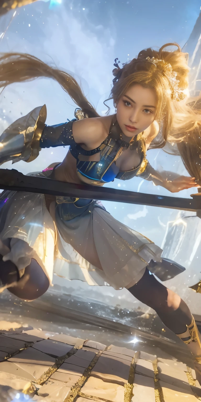 Female general of ancient China,详细的脸,Beautiful and dignified,Mighty and domineering,Blue bandana,black-long-braid,usa ropa blanca,Black armor,Wear white gloves on both hands,Each hand holds a plutonium,Yellow skirt,((((Wearing white stockings)))),Black combat boots,Feet in the clouds,Sky clouds in the background,In the upper left corner, The white dragon of ancient Chinese legend shows its head,high high quality,illustrious,best qualtiy,hyper HD,RAW photos