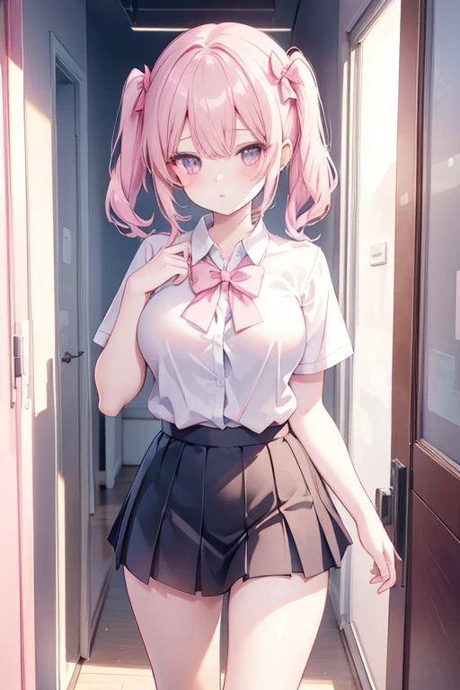 anime girl in a short skirt and a pink bow is running out of a doorl, beautiful anime high school girl, seductive anime girl, choolgirl, anime moe artstyle, school girl, smooth anime cg art, anime art, unbuttoned clothes