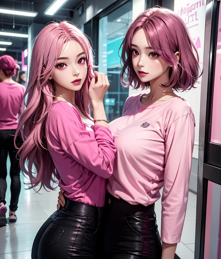 highest quality, Very detailed, masterpiece, Two women posing,(((Perfect female body))),Very beautiful face, Very beautiful body,Gentle expression, Very beautiful eyes,(Perfect Makeup:1.1),Fashion Model,Cyberpunk Fashion,Curly Hair,Shaggy Hair,pink and blue hair:1.3, very thin body,Smart Abs,Monogram pattern,Gradation,Fractal Art Dress Shirt,Silk skirt,Two-tone high-top sneakers,A kind smile,Full body portrait,(Cyber City Background), (Shiny skin),(Earrings),Seesul,Elegant patterned long scarf,Extra long shawl,