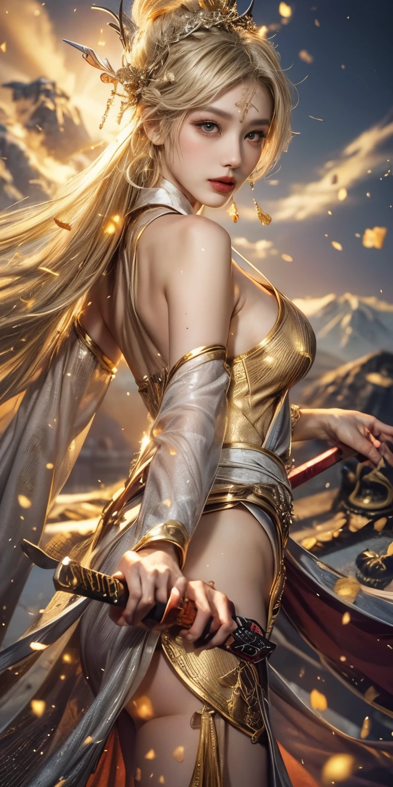 hourglass body shape, (cowboy_shot:1.4), Mature Female, tall, 5' 7" tall, ((very long platinum  blonde hair)), hair is straight and arranged into a bun, a chinese phoenix hairpin is attached to her hair, ((golden glowing eyes)), perfect skin, beautiful smile with full lips, shining lips with red lip gloss, big breast with perfect outline of their shape, anatomically correct, long eyelashes, heavy dark make up, smokey eyes, looking at camera, 8k, Masterpiece, (UHD:1.2), front view, sexy, BREAK ,wearing a sexy golden lowcut qipao which enhances the beauty of her curvy-slim figure, ((legs out)), silver_hair_ornates,
Platinum blond hair_past_waist,hair_pin stuck on a bun,v-shaped eyebrows same color as her hair,coloured_eyelashes,smokey make up,big juicy lips,blood red lipstick,big golden eyes,red eyeglow,,

mature female, fantasy00d, 1 girl, Chinese style,chinese girls,hanfu,see-through,chinese clothes,Chinese style,((She is holding a sword:1.3)),Sea beach and Mountain in the background bokah 