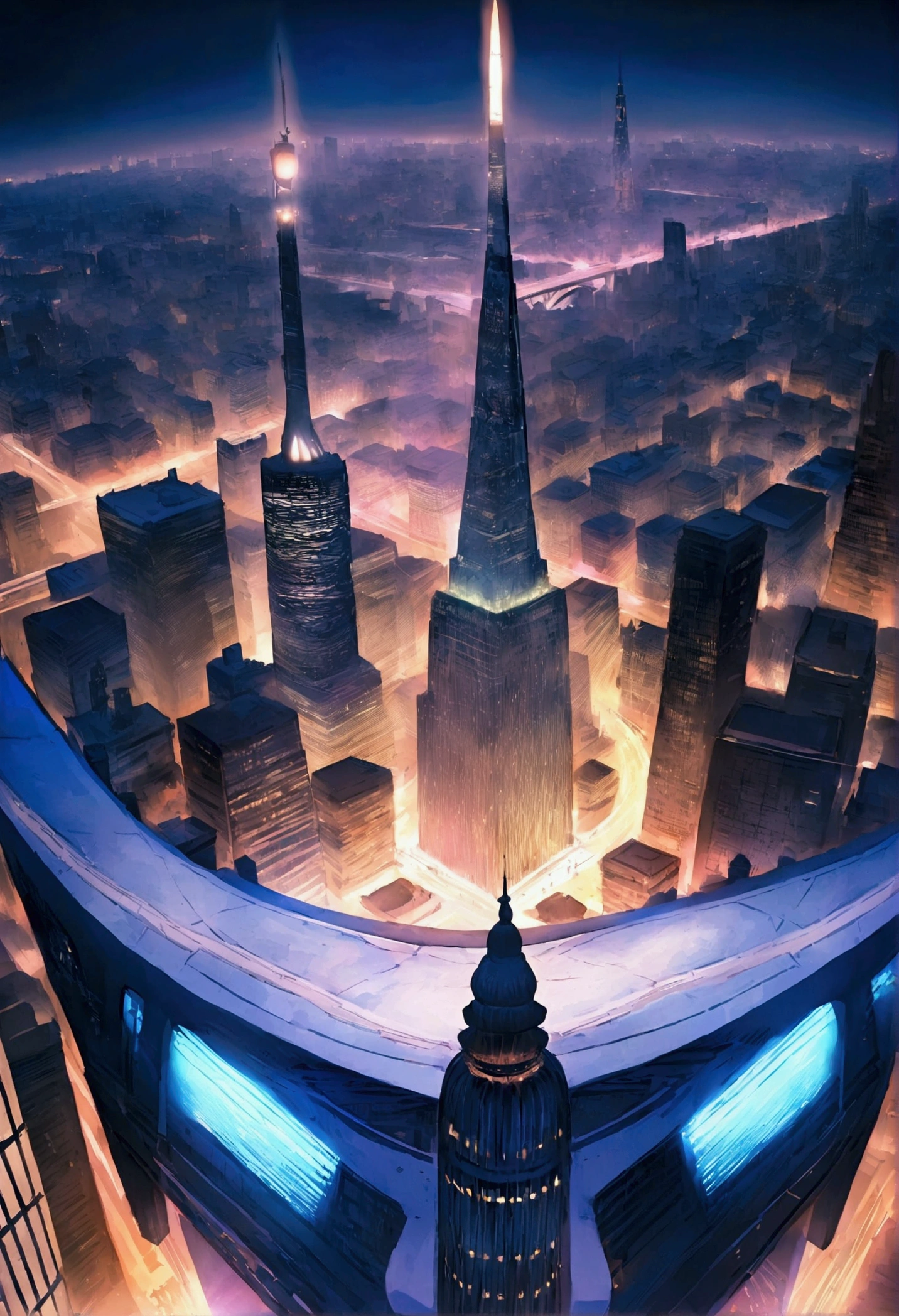 high resolution,sf,80Era anime painting,Metropolis.night.きらめくnight景.bridge.new york in the future.Airship in the air.Skyscraper district.Tower