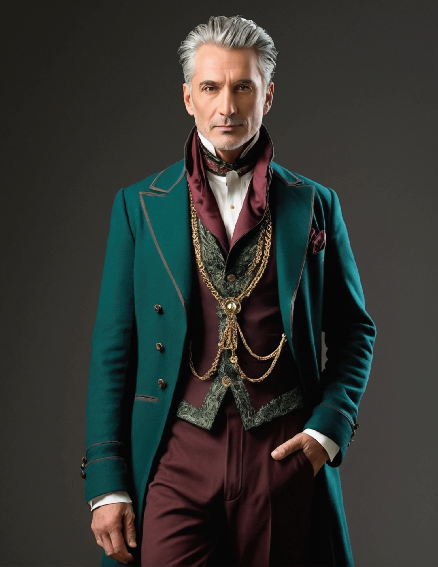 The figure stands tall and imposing, with a lean build suggesting both agility and age. Their face is angular, with piercing eyes that convey wisdom beyond human years. They have tousled gray hair that seems to defy gravity, giving them an eccentric air. The figure wears an outfit that's a mix of Victorian and futuristic elements: 1. A long, high-collared coat in a deep burgundy color, with subtle swirling patterns embroidered in gold thread. 2. Underneath, a waistcoat in a contrasting emerald green, adorned with brass buttons and a pocket watch chain. 3. A crisp white shirt with a ruffled collar peeking out at the neck. 4. Dark trousers tucked into tall, well-worn leather boots. 5. Around their neck, an unusually long scarf in various shades of blue, its ends trailing dramatically behind them. 6. In one hand, they hold a strange device - part wand, part screwdriver, emitting a soft green glow. Their posture is defiant, chin raised slightly, conveying a sense of authority and determination in the face of danger. Despite the chaos around them, there's a hint of a smile playing at the corners of their mouth, suggesting a love for adventure.