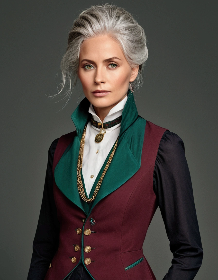 The figure stands tall and imposing, with a lean build suggesting both agility and age. Their face is angular, with piercing eyes that convey wisdom beyond human years. They have tousled gray hair that seems to defy gravity, giving them an eccentric air. The figure wears an outfit that's a mix of Victorian and futuristic elements: 1. A long, high-collared coat in a deep burgundy color, with subtle swirling patterns embroidered in gold thread. 2. Underneath, a waistcoat in a contrasting emerald green, adorned with brass buttons and a pocket watch chain. 3. A crisp white shirt with a ruffled collar peeking out at the neck. 4. Dark trousers tucked into tall, well-worn leather boots. 5. Around their neck, an unusually long scarf in various shades of blue, its ends trailing dramatically behind them. 6. In one hand, they hold a strange device - part wand, part screwdriver, emitting a soft green glow. Their posture is defiant, chin raised slightly, conveying a sense of authority and determination in the face of danger. Despite the chaos around them, there's a hint of a smile playing at the corners of their mouth, suggesting a love for adventure.
