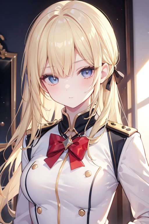 European girl portrait,alone,,Beautiful Face,Upper Body,Hair on one eye,Medium Sidecut, Blonde, Sharp focus,uniform