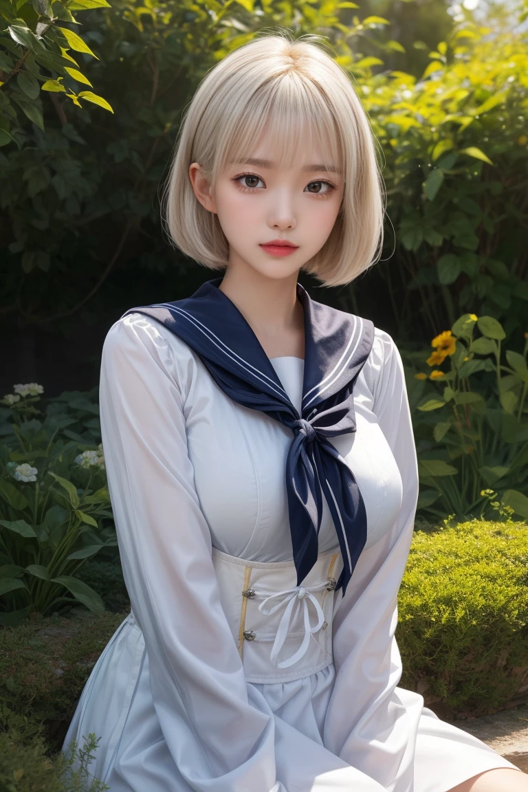 reflected light、Platinum blonde hair with dazzling highlights、Shiny Hair、beautiful shiny bangs、bright, clear, Charm, large blue eye、A very beautiful, adorable and cute 16 year old girl.、Ample Bust、Beautiful detailed eye、 Beautifully detailed nose,((whole body:1.5)),eyeを強調するメイク、Scattered beneath the surface、Glamorous details、Nature background、Super huge breasts、((Cinematic))、(Loose and fluffy perm:1.4)、1 girl、((Bob Hair:1.3))、超Genuineな8K CG、絵に描いたようなperfectionなperfectionな顔、perfection、clean、masterpiece、Professional artwork、 Famous works of art、perfectionな顔、Beautiful Face、美しいeyeのない女性の体))、alone、(Immersive atmosphere、Claire Obscure:1.5、bright light:1.2、bright lighting)、(blush:0.5)、Captivating look、Very detailed_eye、Beautifully detailed backgrounds、Written boundary depth、Genuine:1.3、Long Shot、whole body、(Zhou Haoguang:1.3)、(Cinematic composition:1.3)、(Puffy eye:1.2)、(Slim legs)、(Light on face and chest)、(((((Underbust)))))、Under the chest、Oily skin、thin、 Mature Woman、Light blue hair、((bright灰色の髪))、(((Two-tone hair)))、Slender women、Cute Woman、 8K Ultra HD,Detailed face、Delicate texture, ((Sailor suit))、Sailor suitを着た女の子、garden、((Seated Girl))、((ベンチにSeated Girl))、evening