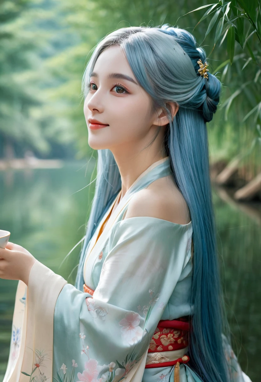 masterpiece, best quality, Official Art, 8k wallpaper, Very detailed, illustration, 1 girl, Sky blue hair, Long hair, Delicate eyes, Forrest Gump, Bare shoulders, Hanfu, lake, pure, Gentle smile, bamboo, Tea