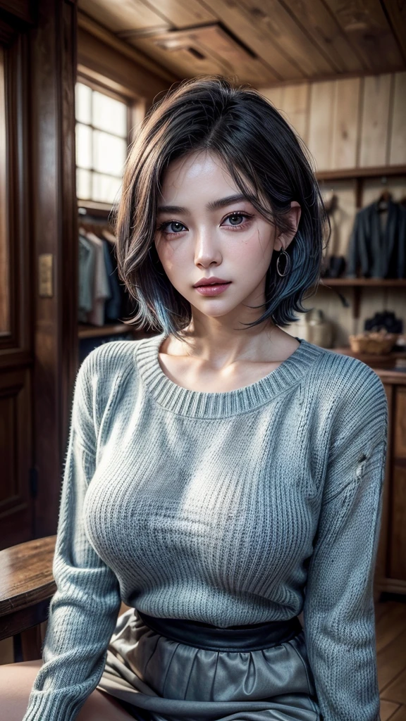 (8K, highest quality, masterpiece:1,2), (realistic, Photoreal:1.37), Super detailed, one girl,), (very detailed), (detailed and beautiful eyes), ((((highly detailed artwork))))、Earrings、((Two-toned hair))、ponytail、(((Inside a stylish secondhand clothing store)))、(masterpiece、Highest quality、In 8K、32K、masterpiece、Super huge 、Ultra-high resolution、Impressionism、Realistic:1.2)、((Cowboy Shot)),  Sharp focus、Beautiful face with detailed background of face and eyelids、Glowing Skin、Sharp pupils、Realistic eyes and beautiful face、Blurred Background、Beautiful 28 year old girl、Glowing Skin、(((bright and beautiful hair)))、iris、curve、Powerful composition, ((lying , on side)) ((seductive looks))、((horny expression))、crossed legs, black skirt, (( full_body shot)), long legs, shocks、(light blue hair color))、[black hair]、Best Quality, Ultra High Definition, (Photorealistic:1.4),Sunset Light, Ponytail, Korean Women, (big breasts), Detailed Photo, Smiling, Sexy, Facing Camera,  (Masterpiece: 1.3), (8K, Photorealistic, Best Quality: 1.4), (1girl), Beautiful Face, (Realistic Face), (Black Hair, Short Hair: 1.3), Beautiful Hairstyle, Realistic eyes, beautiful detail eyes, (realistic skin), beautiful skin, (sweater), absurd, attractive, ultra high resolution, ultra realistic, high definition, golden ratio, sitting, crossed legs, black skirt, (( full_body shot)), long legs, shocks 