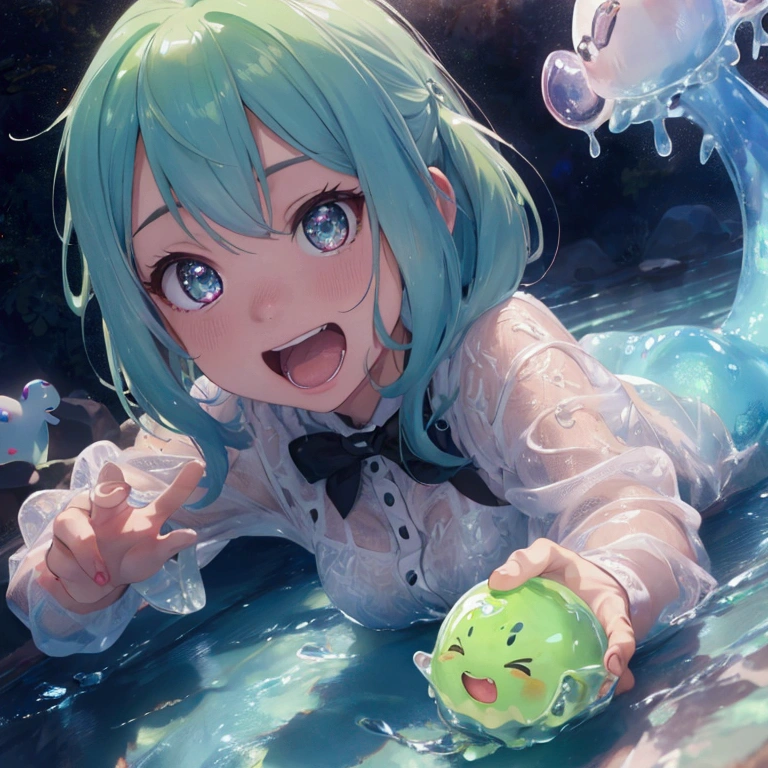a cute slime creature, slime monster, slime character, gelatinous blob, vibrant colors, iridescent, shiny, slimy texture, gooey, translucent, whimsical, cartoon style, 3D render, dynamic pose, playful expression, adorable eyes, soft lighting, pastel colors, (best quality,4k,8k,highres,masterpiece:1.2),ultra-detailed,(realistic,photorealistic,photo-realistic:1.37)